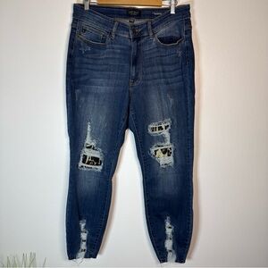 Judy Blue Skinny Fit Distressed Leopard Lined Jeans Size 14W High Rise Stretch